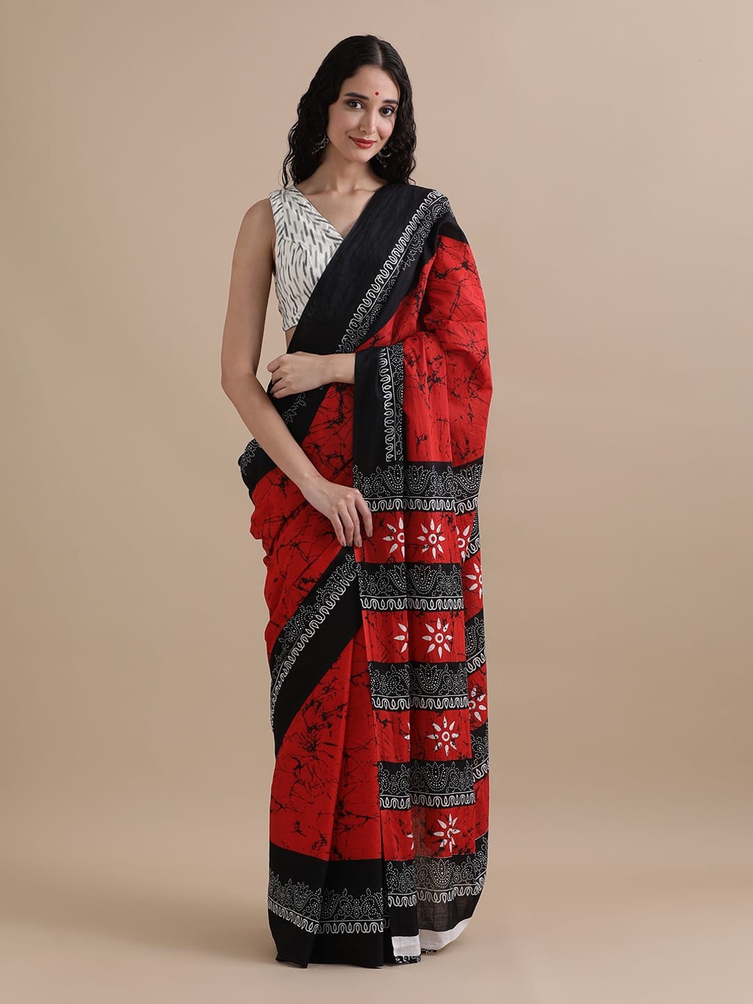 Cotton mulmul handblock printed saree wholesale in red batik pattern