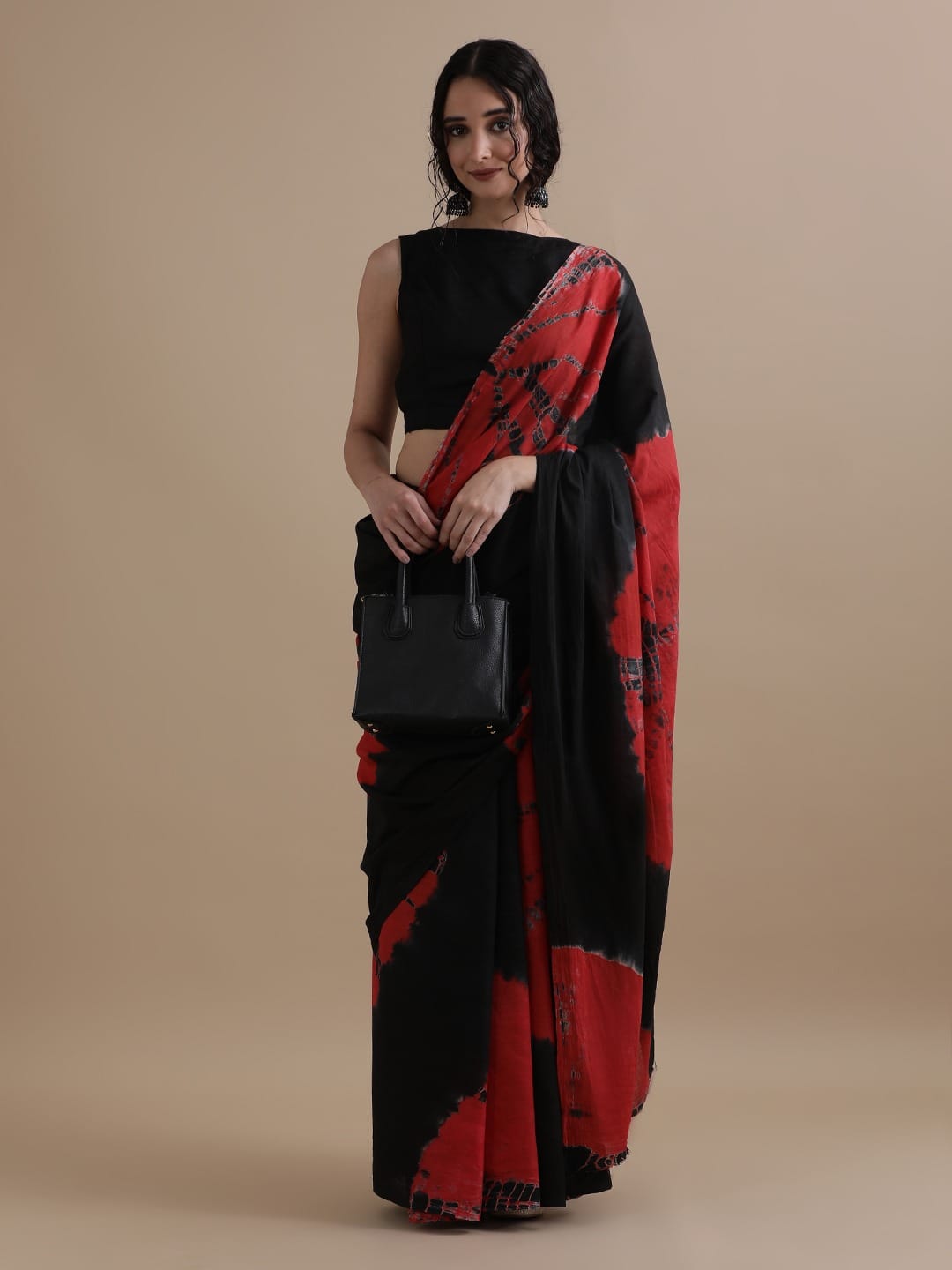 Cotton mulmul handblock printed saree wholesale in red black batik design