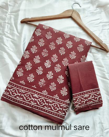 Cotton Mulmul Saree in red and blue – Pure cotton handblock printed saree wholesale by Fabtexs