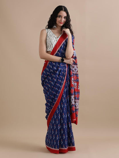 Cotton mulmul handblock printed saree wholesale in red blue floral design
