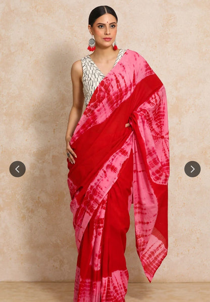Pure cotton mulmul saree handblock printed in red and pink – artisan-made cotton saree wholesale Fabtexs