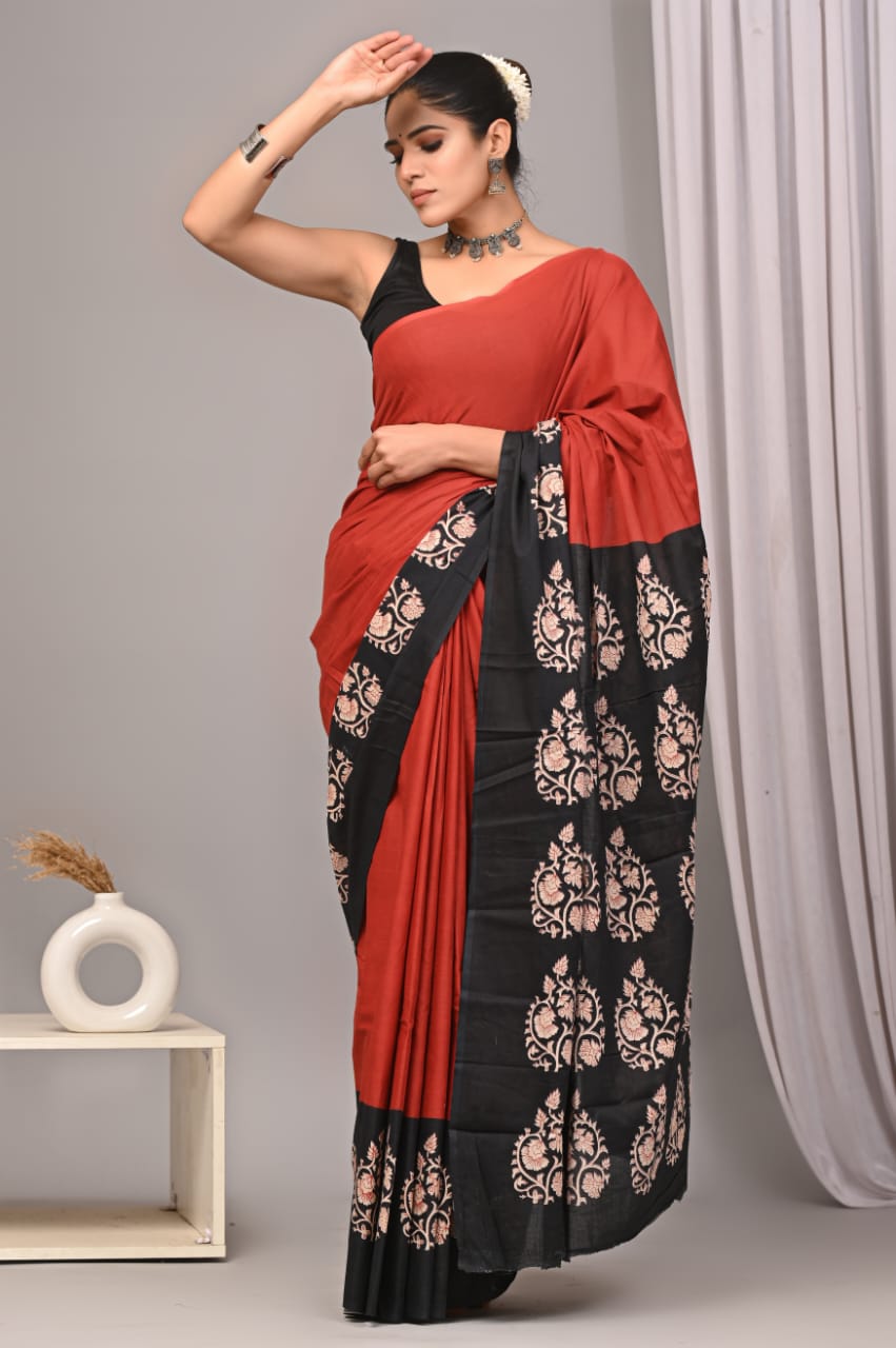 Cotton Mulmul Saree in red and black big butta border – Pure cotton handblock printed saree wholesale by Fabtexs