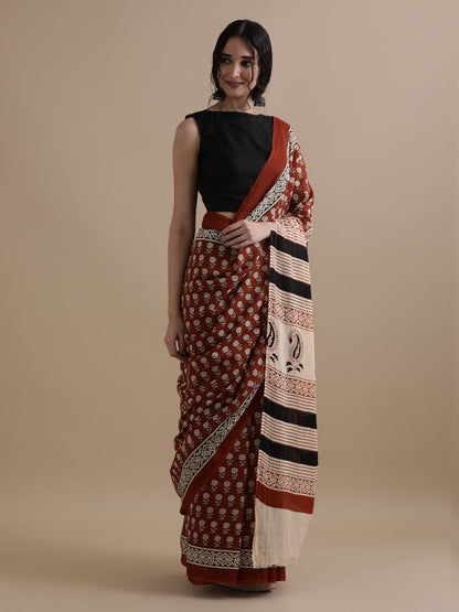 Cotton mulmul handblock printed saree wholesale in rust black pattern