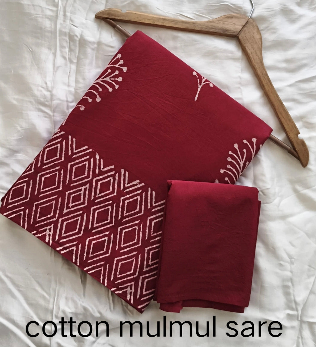 Cotton Mulmul Saree in rust shade – Pure cotton handblock printed saree wholesale by Fabtexs