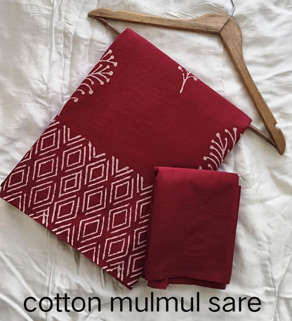 Cotton Mulmul Saree in rust shade – Pure cotton handblock printed saree wholesale by Fabtexs
