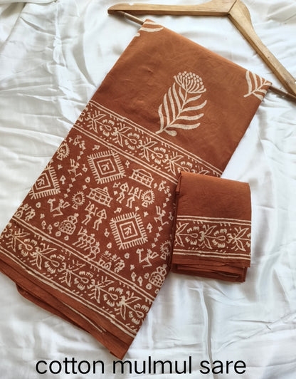 Cotton Mulmul Saree in sea blue – Pure cotton handblock printed saree wholesale by Fabtexs