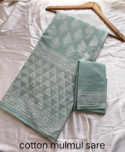 Cotton Mulmul Saree in sky blue – Pure cotton handblock printed saree wholesale by Fabtexs