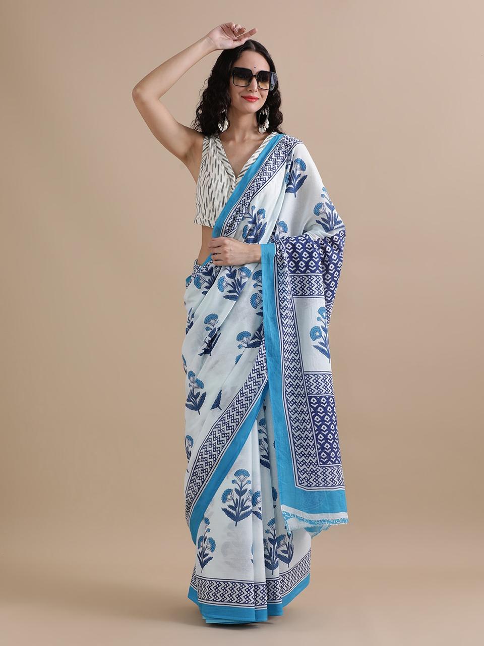Cotton mulmul handblock printed saree wholesale in white blue floral pattern