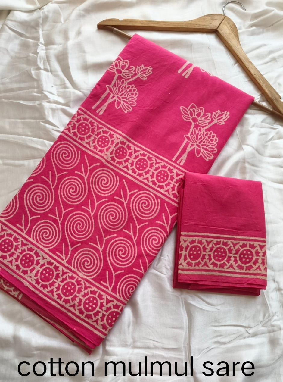 Cotton Mulmul Saree in white with yellow butta – Pure cotton handblock printed saree wholesale by Fabtexs