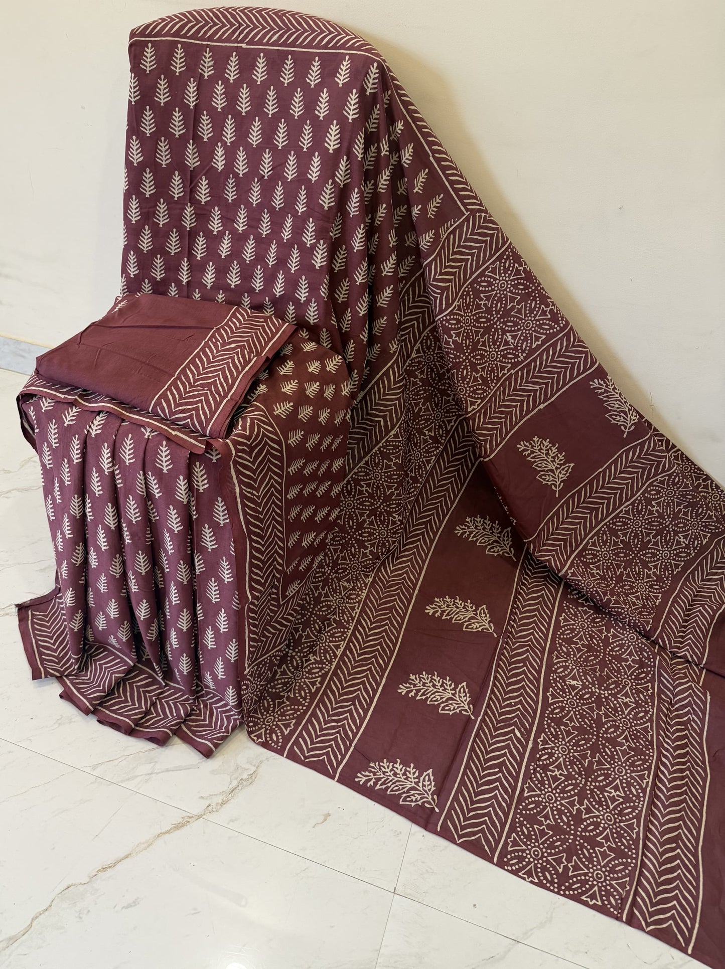 Cotton mulmul handblock printed saree wholesale in wine Ajrakh pattern