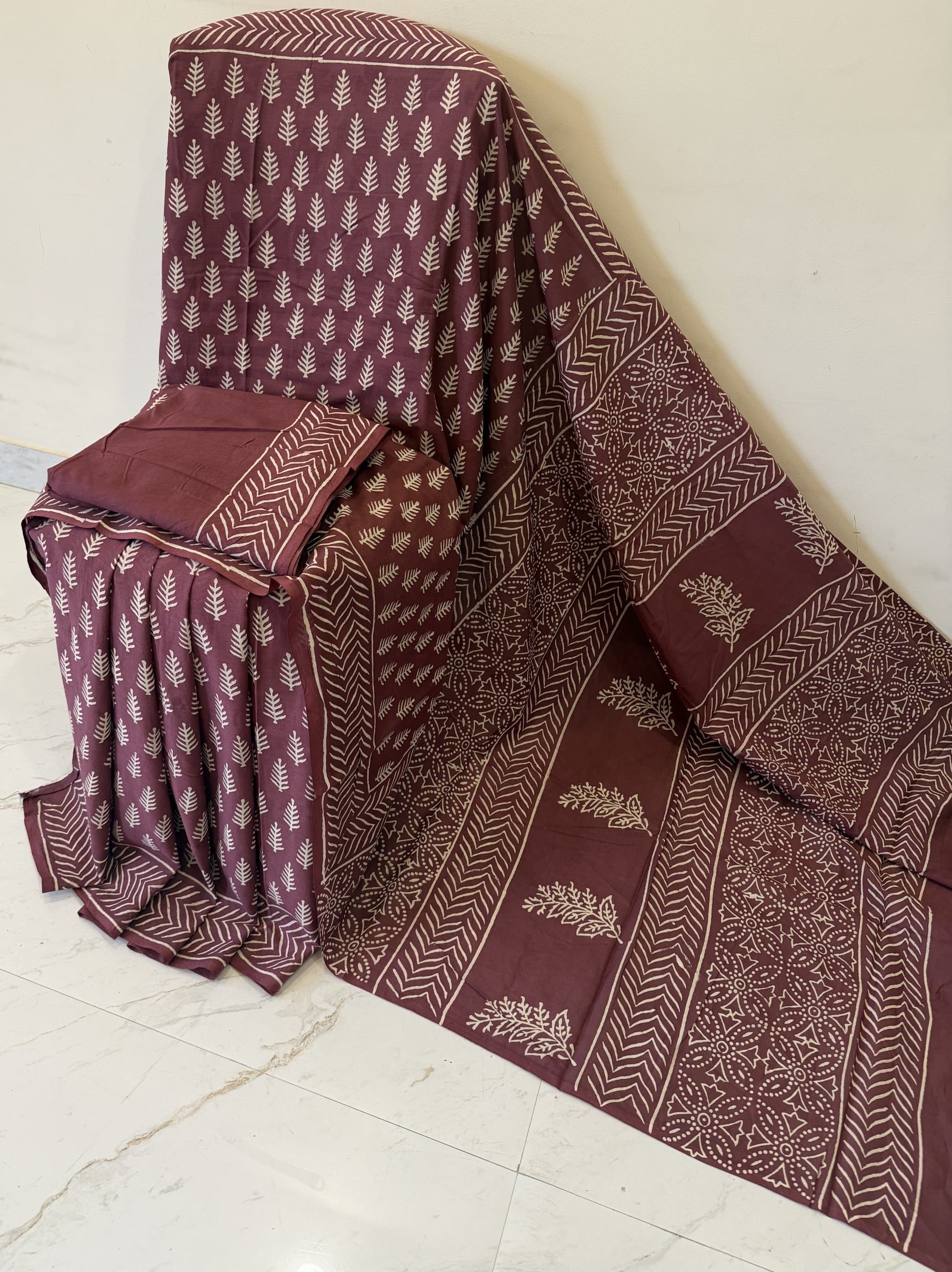 Cotton mulmul handblock printed saree wholesale in wine Ajrakh pattern