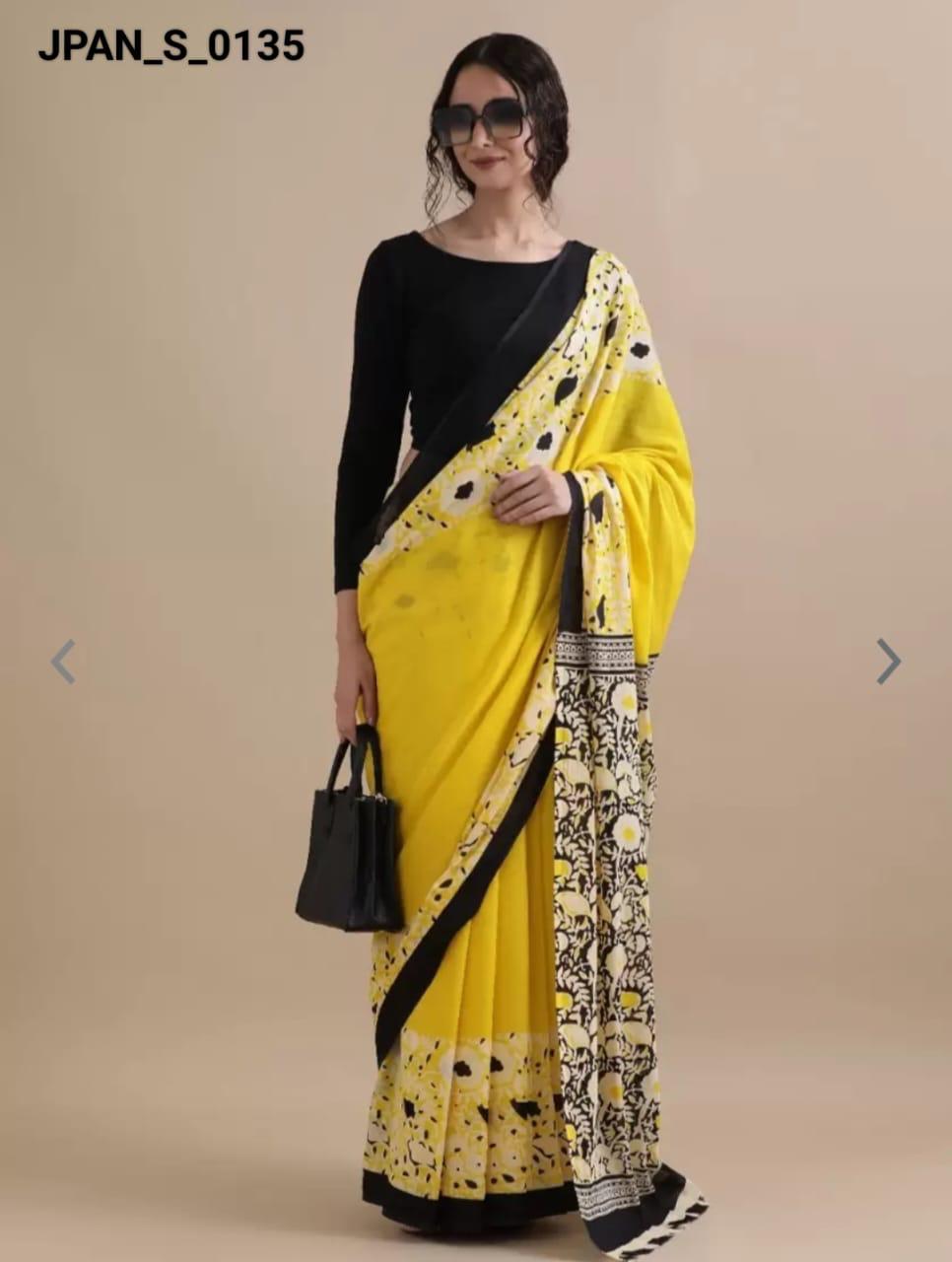 Cotton mulmul handblock printed saree wholesale in yellow border floral pattern