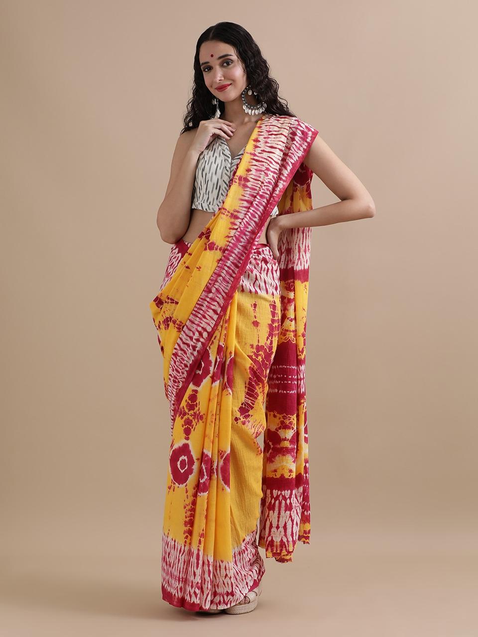 Cotton mulmul handblock printed saree wholesale in yellow red batik floral design