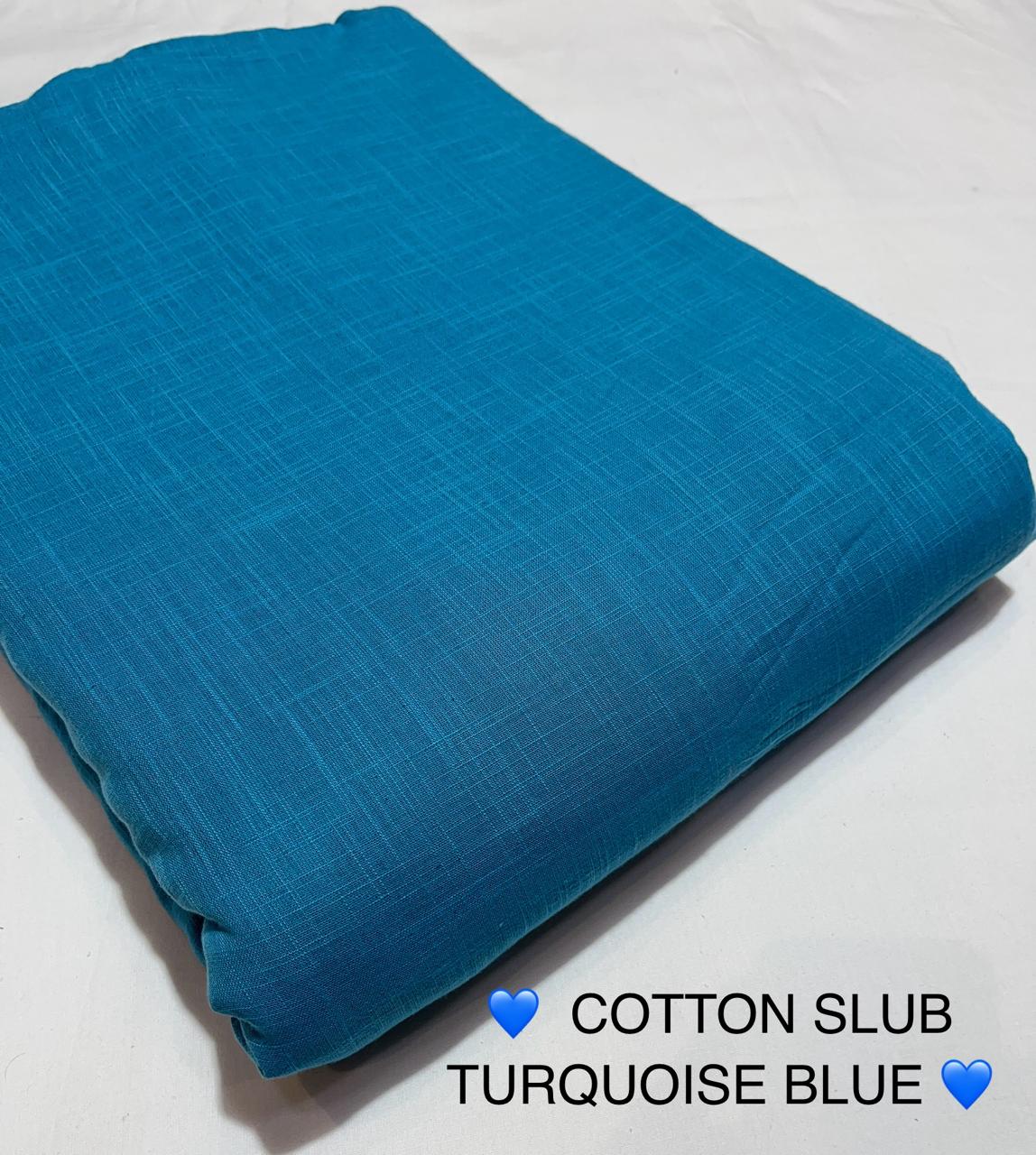 Turquoise blue cotton slub fabric wholesale, smooth texture, colorfast finish by Fabtexs