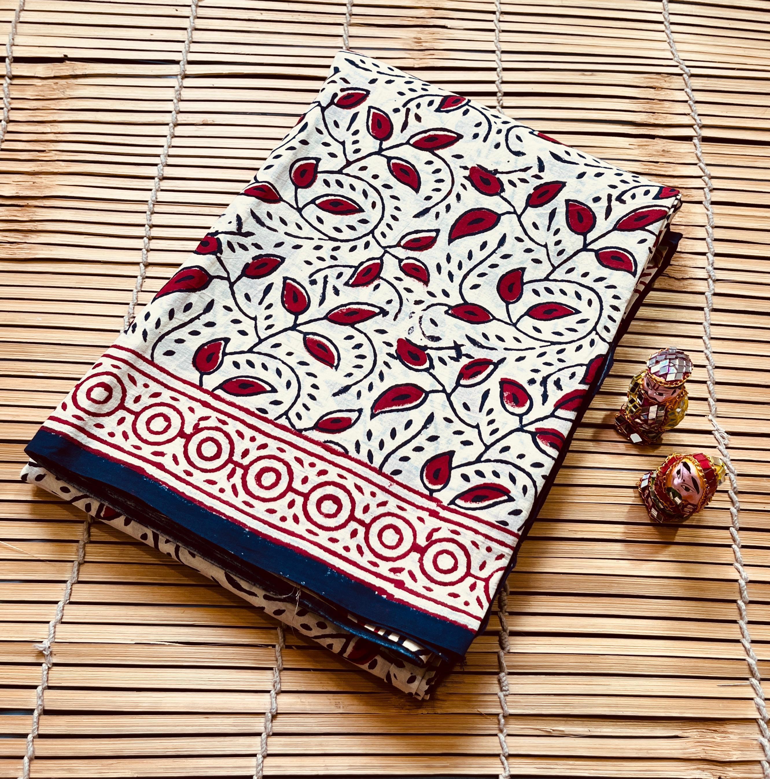 Cream Floral Jaal Cotton Mul Handblock Saree – Traditional gold print saree wholesale for retailers