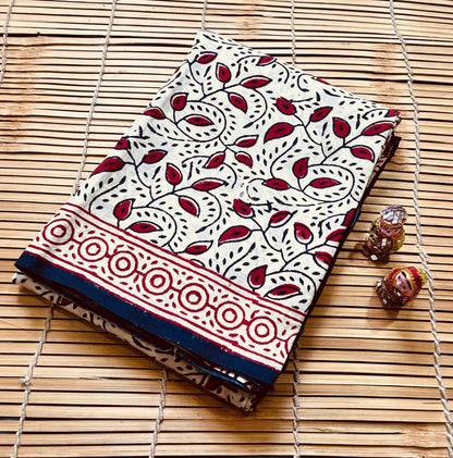 Cream Floral Jaal Cotton Mul Handblock Saree – Traditional gold print saree wholesale for retailers