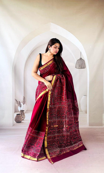 Cream Maheshwari Silk Handblock Printed Saree with Floral Design – Lightweight Wholesale Silk Saree