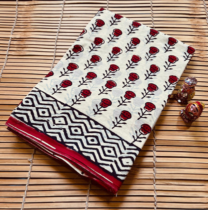 Cream Maroon Floral Buta Cotton Mul Handblock Saree – Premium handblock printed wholesale saree