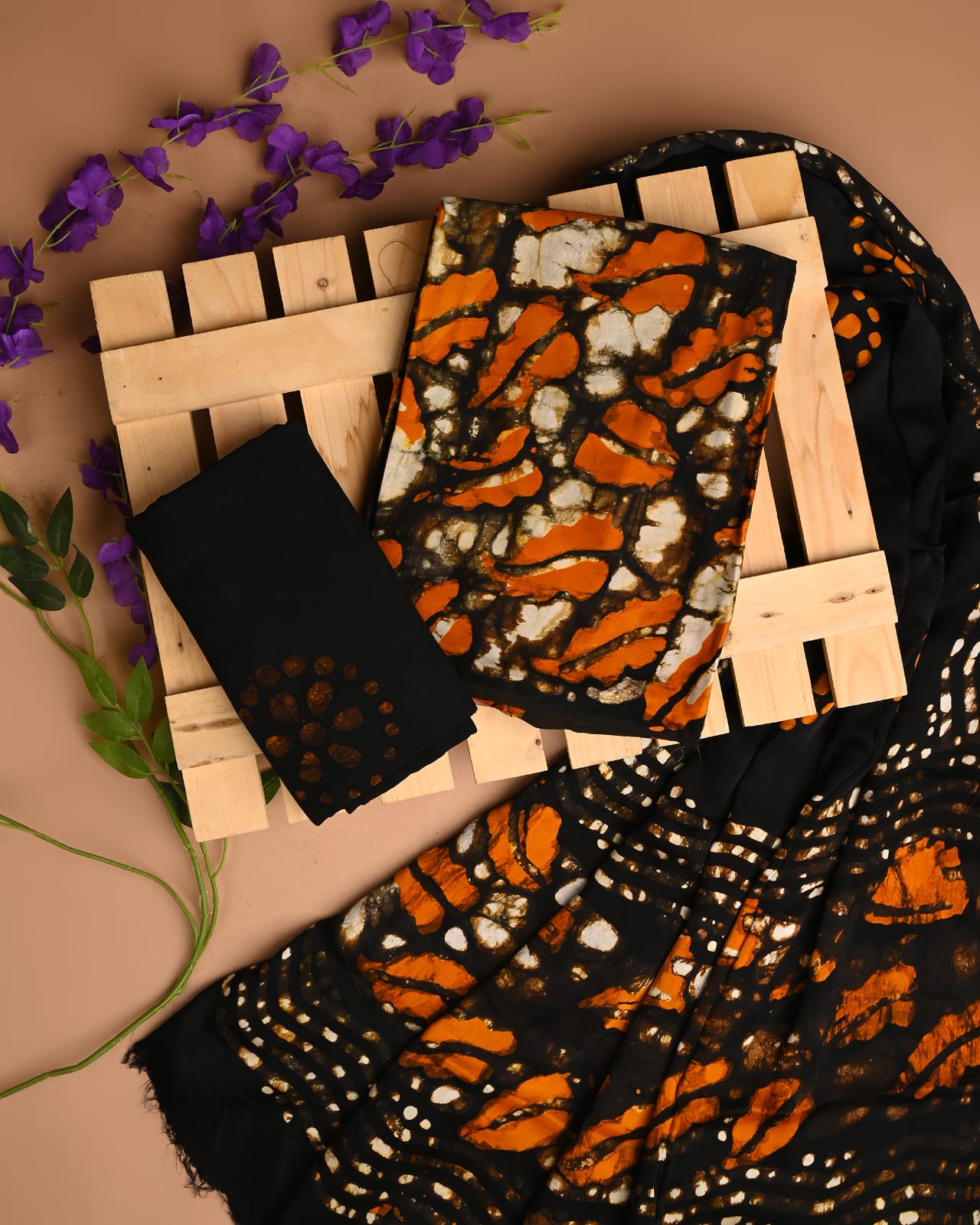 Black cupro modal silk dress material wholesale, handblock printed silk suit set by Fabtexs