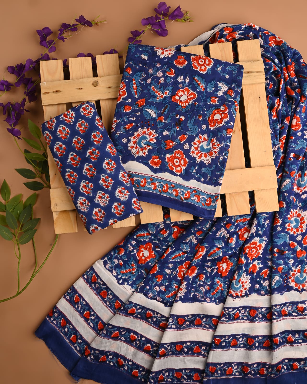 Blue jaal cupro modal silk dress material wholesale, handblock printed silk suit set by Fabtexs