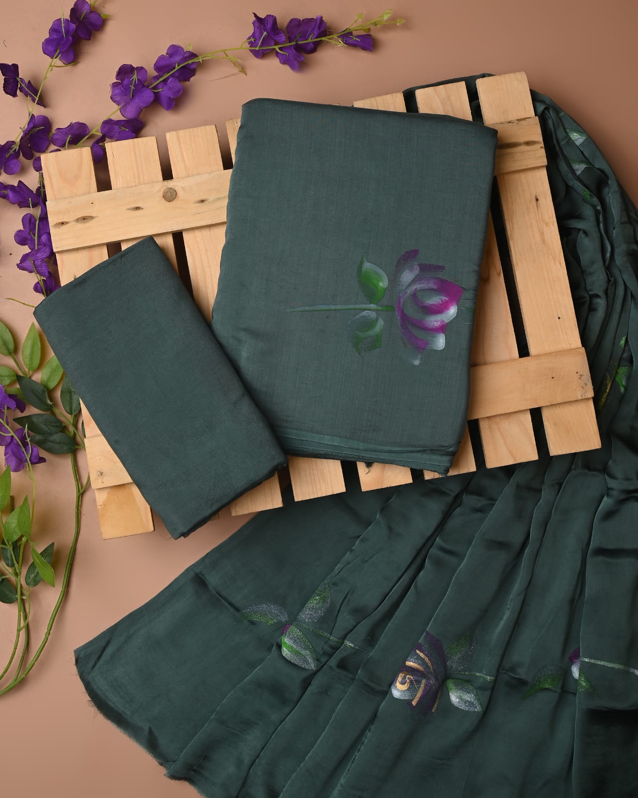 Bottle green blue cupro modal silk dress material wholesale, handblock printed silk suit set by Fabtexs