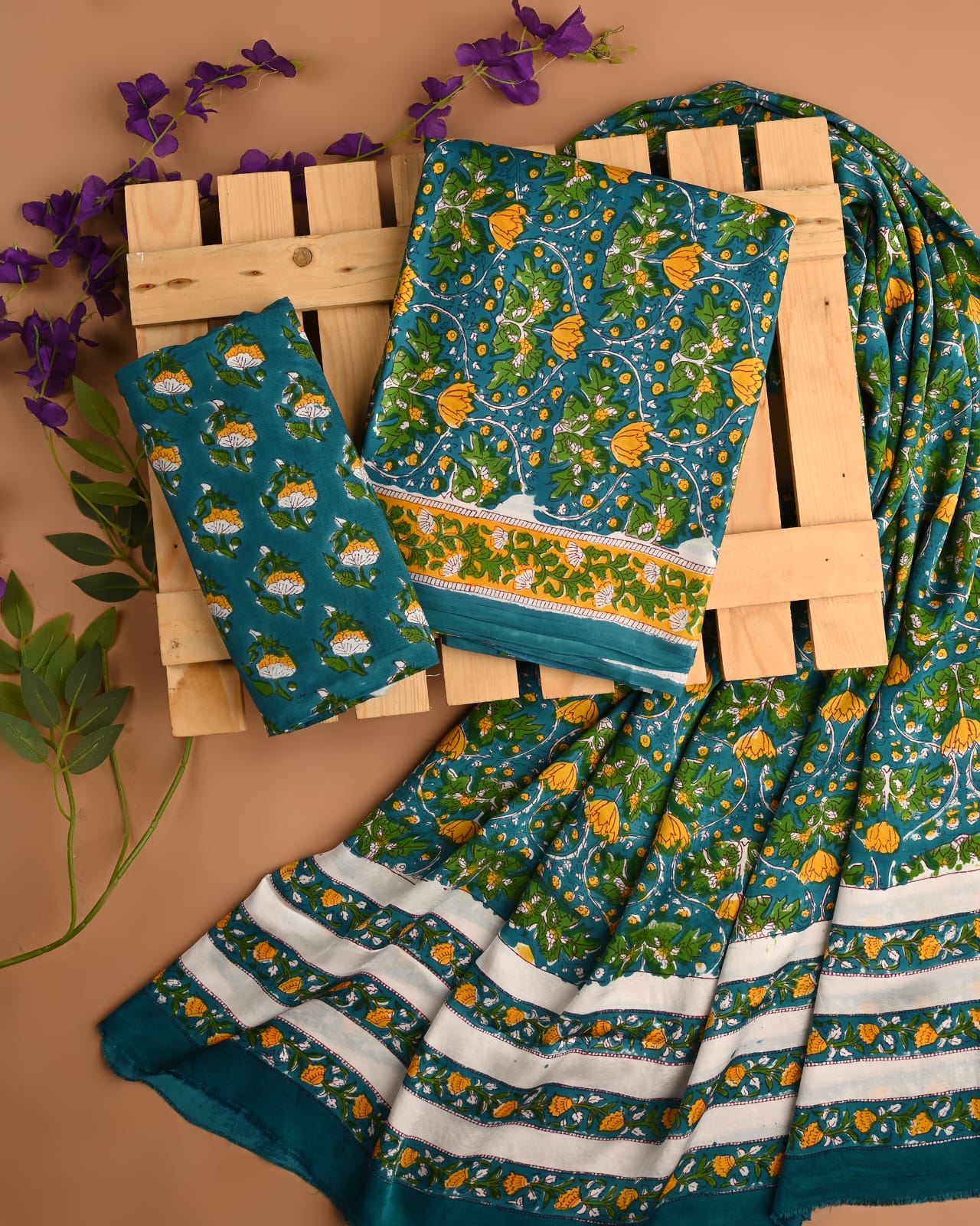 Green blue cupro modal silk dress material wholesale, handblock printed silk suit set by Fabtexs