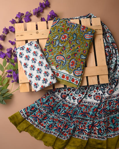 Green cupro modal silk dress material wholesale, handblock printed silk suit set by Fabtexs