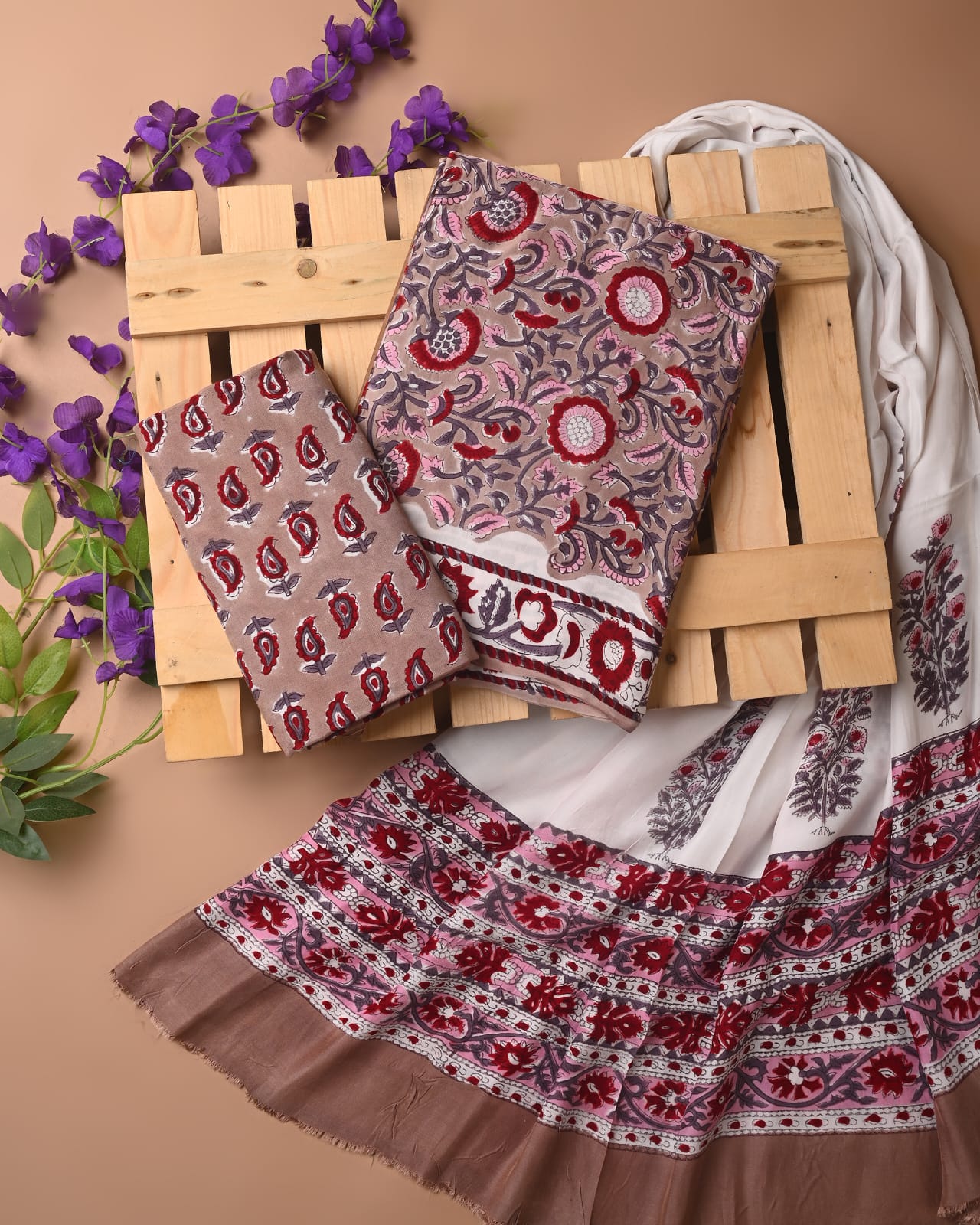 Kashish maroon cupro modal silk dress material wholesale, handblock printed silk suit set by Fabtexs