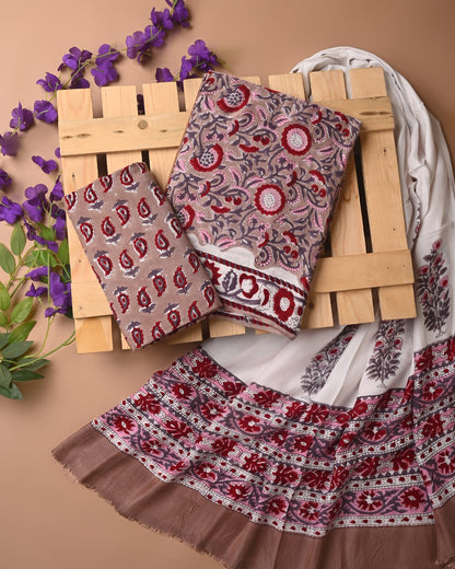 Kashish maroon cupro modal silk dress material wholesale, handblock printed silk suit set by Fabtexs