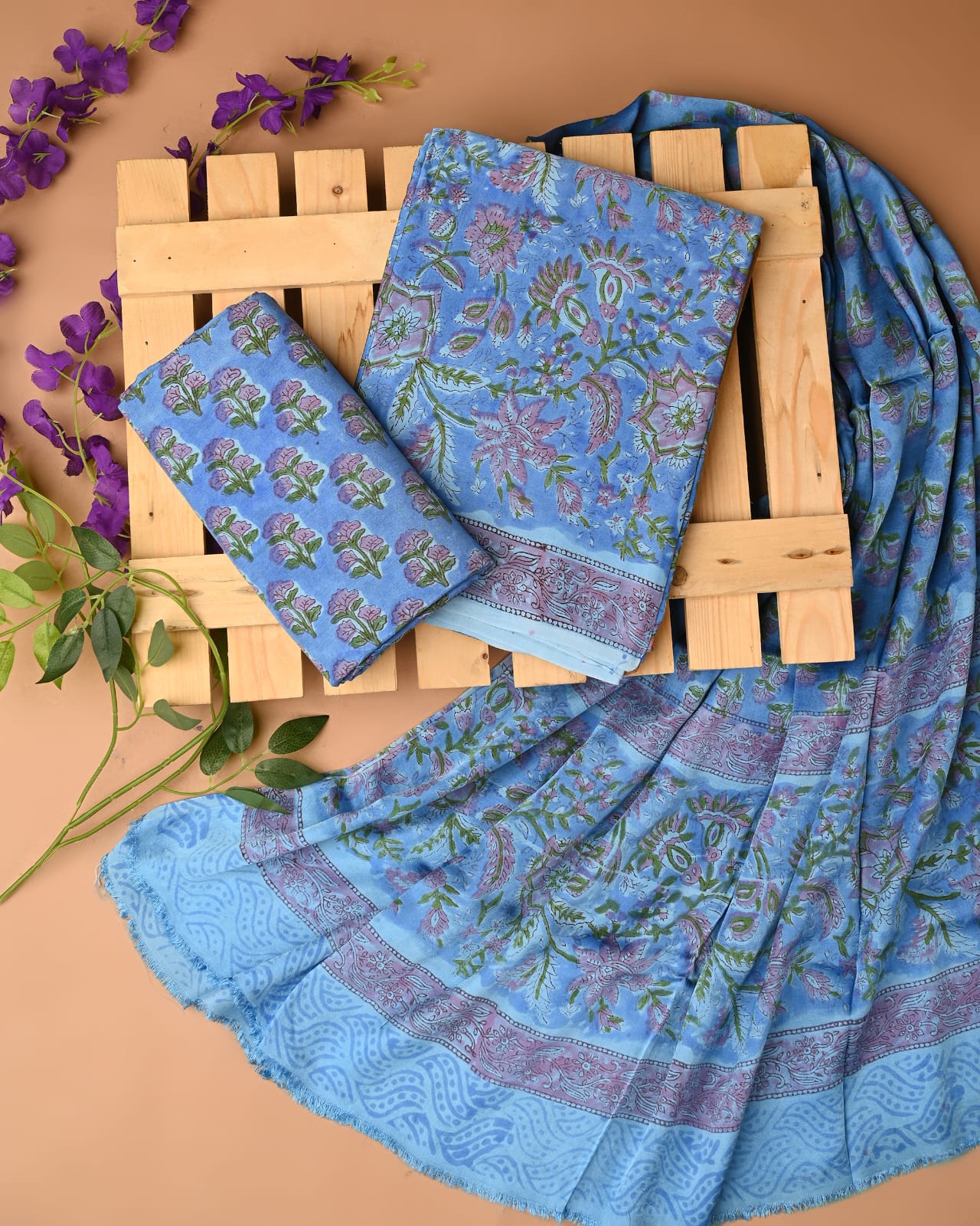 Light blue cupro modal silk dress material wholesale, handblock printed silk suit set by Fabtexs