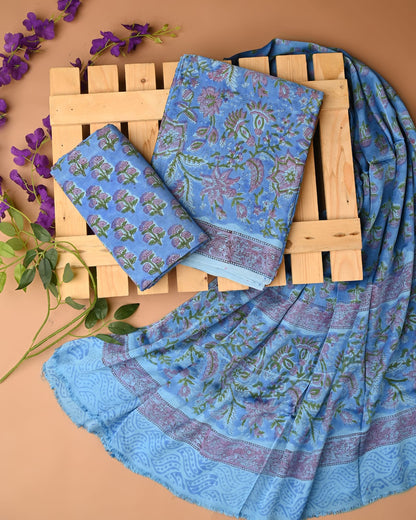 Light blue cupro modal silk dress material wholesale, handblock printed silk suit set by Fabtexs