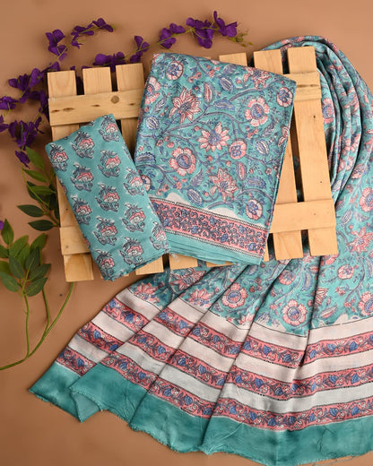 Light blue jaal cupro modal silk dress material wholesale, handblock printed silk suit set by Fabtexs