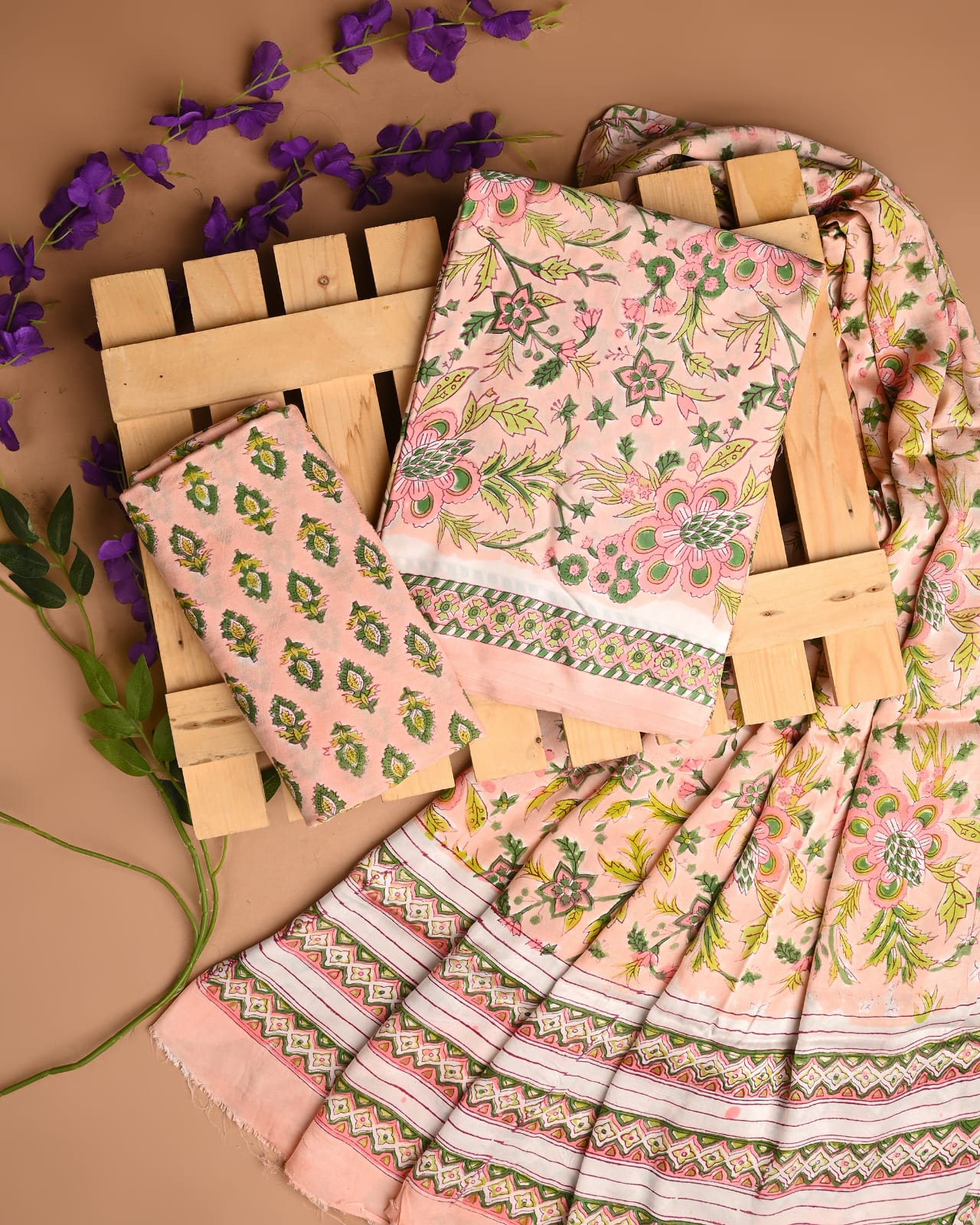 Light peach cupro modal silk dress material wholesale, handblock printed silk suit set by Fabtexs