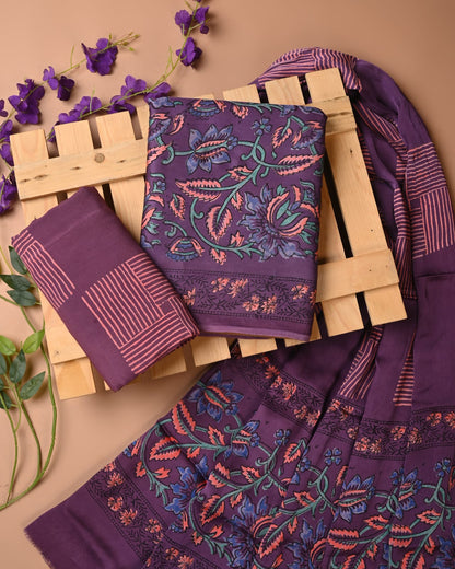 Majenta blue jaal cupro modal silk dress material wholesale, handblock printed silk suit set by Fabtexs