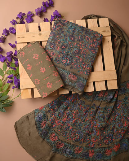 Mehendi green cupro modal silk dress material wholesale, handblock printed silk suit set by Fabtexs