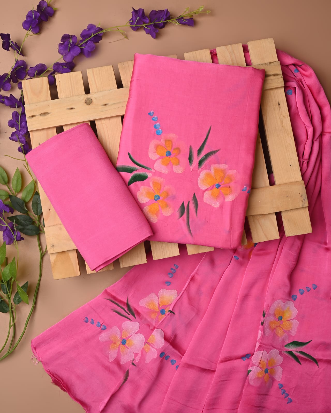 Pink cupro modal silk dress material wholesale, handblock printed silk suit set by Fabtexs