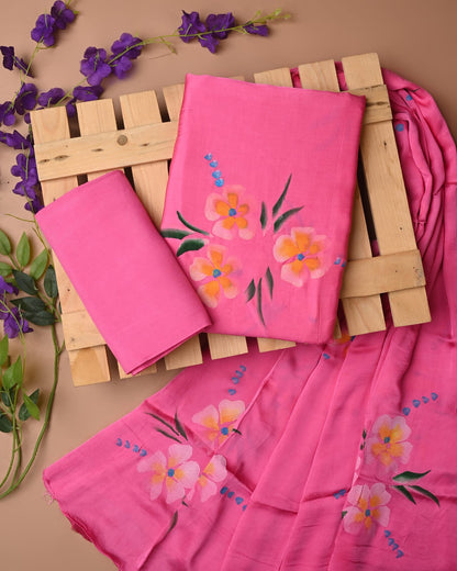 Pink cupro modal silk dress material wholesale, handblock printed silk suit set by Fabtexs