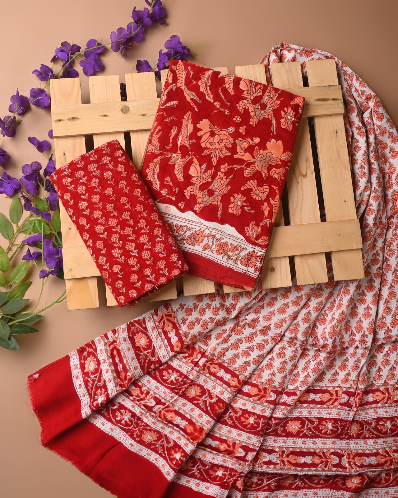 Red jaal cupro modal silk dress material wholesale, handblock printed silk suit set by Fabtexs