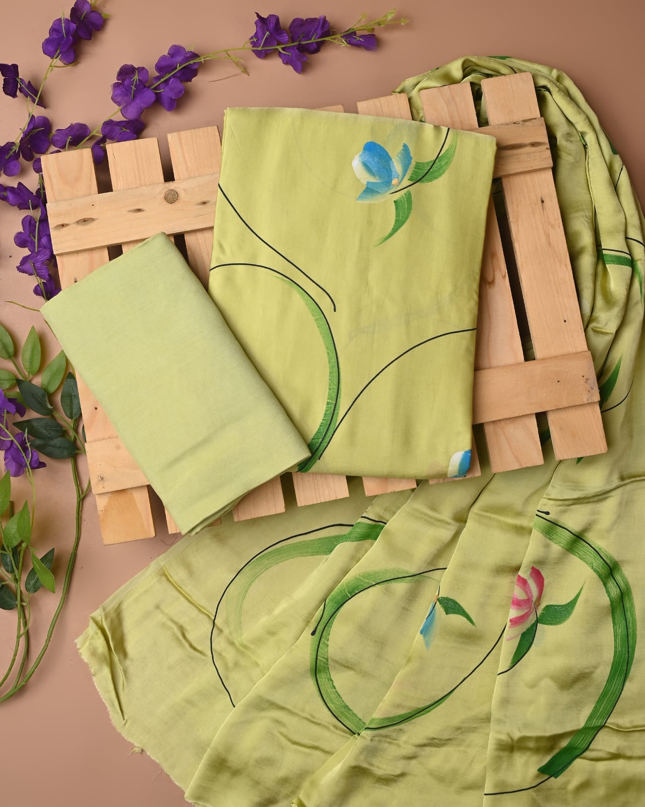 Lime green cupro modal silk dress material wholesale, hand painted silk suit set by Fabtexs