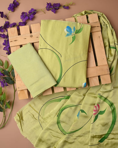 Lime green cupro modal silk dress material wholesale, hand painted silk suit set by Fabtexs