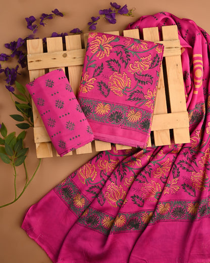 Fuchsia Floral Jal Cupro Modal Silk Handblock Printed Dress Material – Premium Rajasthani Handblock Fabric