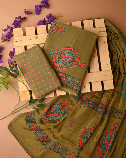 Green Butta Cupro Modal Silk Handblock Printed Dress Material – Authentic Rajasthan Wholesale Fabric