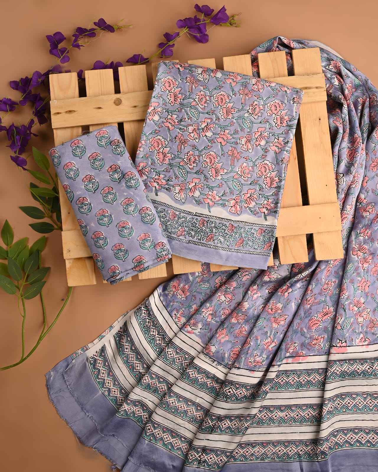 Greyish Blue Floral Jal Cupro Modal Silk Handblock Printed Dress Material – Wholesale Designer Fabric