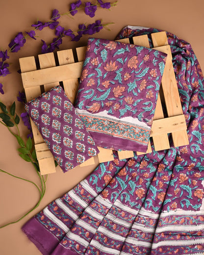 Purple Floral Jal Cupro Modal Silk Handblock Printed Dress Material – Wholesale Designer Fabric Set