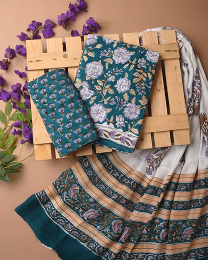 Sea Blue Floral Jal Cupro Modal Silk Handblock Printed Dress Material – Boutique & Designer Wholesale Fabric