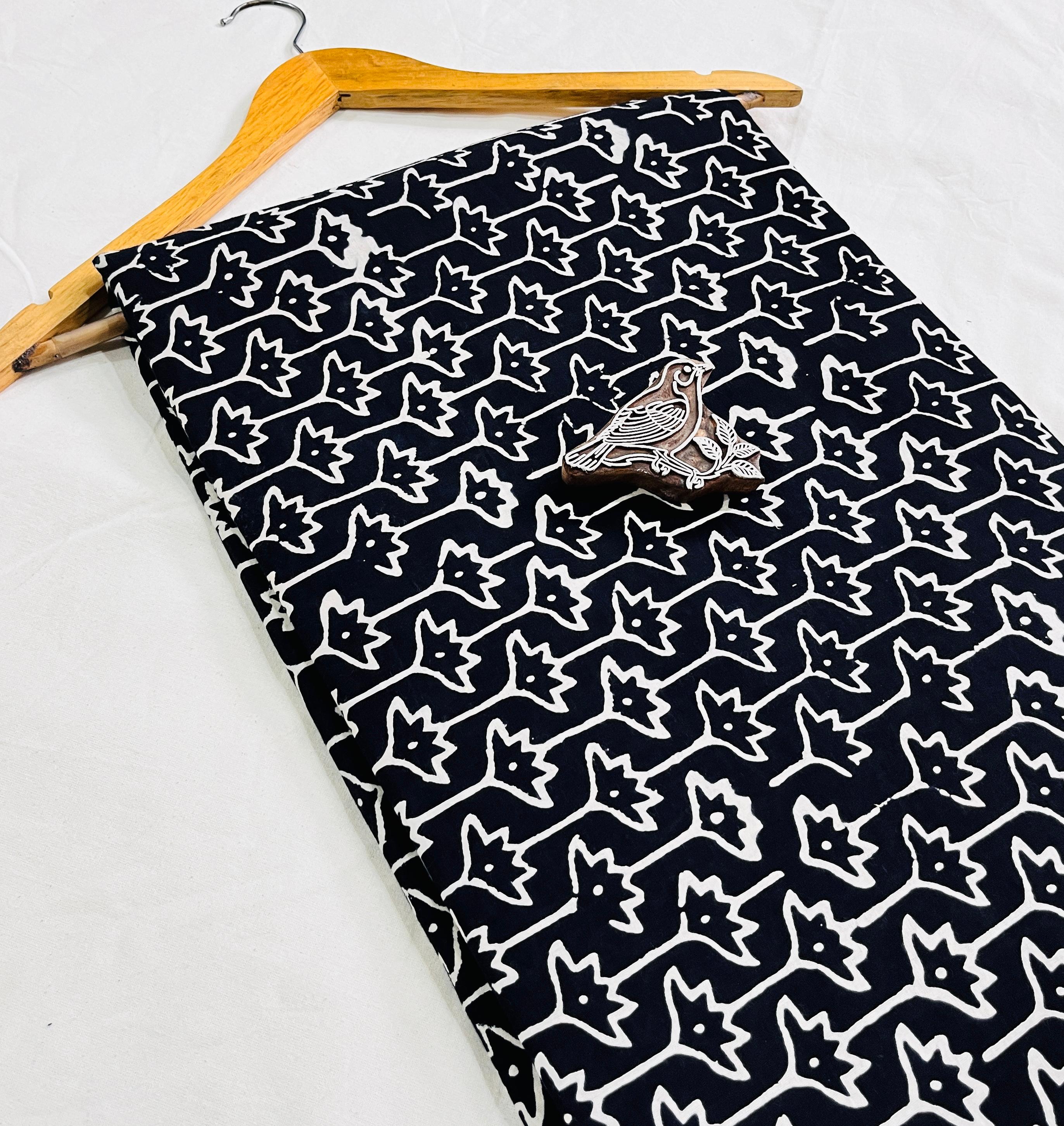Black white floral geometrical Dabu handblock printed pure cotton fabric, handcrafted textile