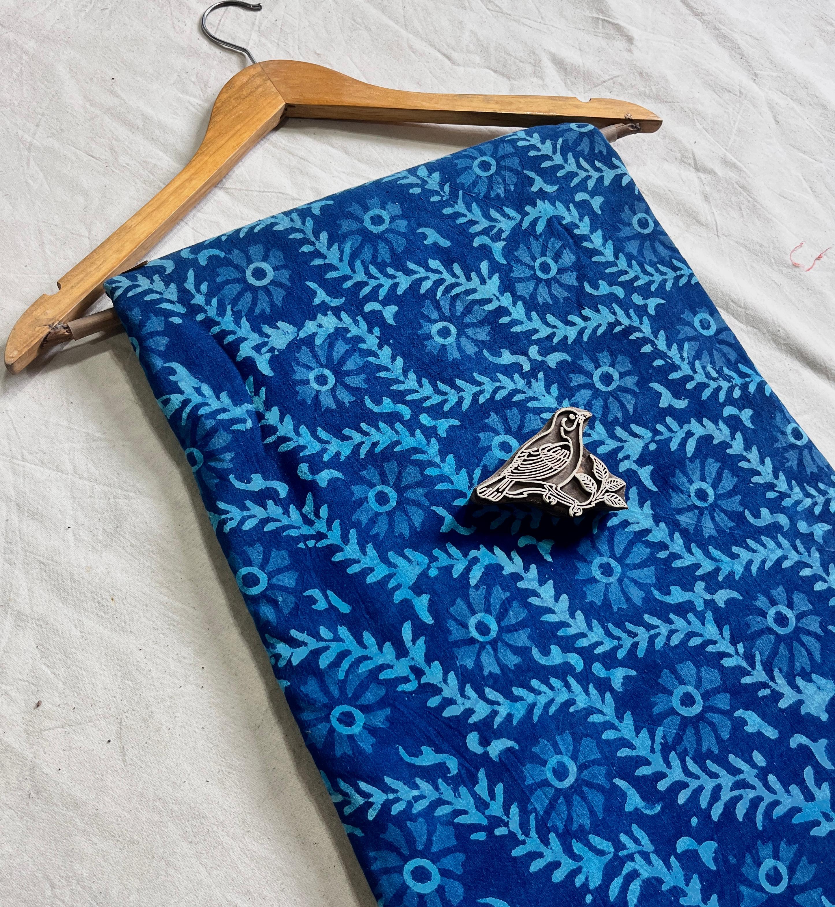 Blue floral buta jaal Dabu handblock cotton fabric, pure cotton artisan textile for wholesale supply