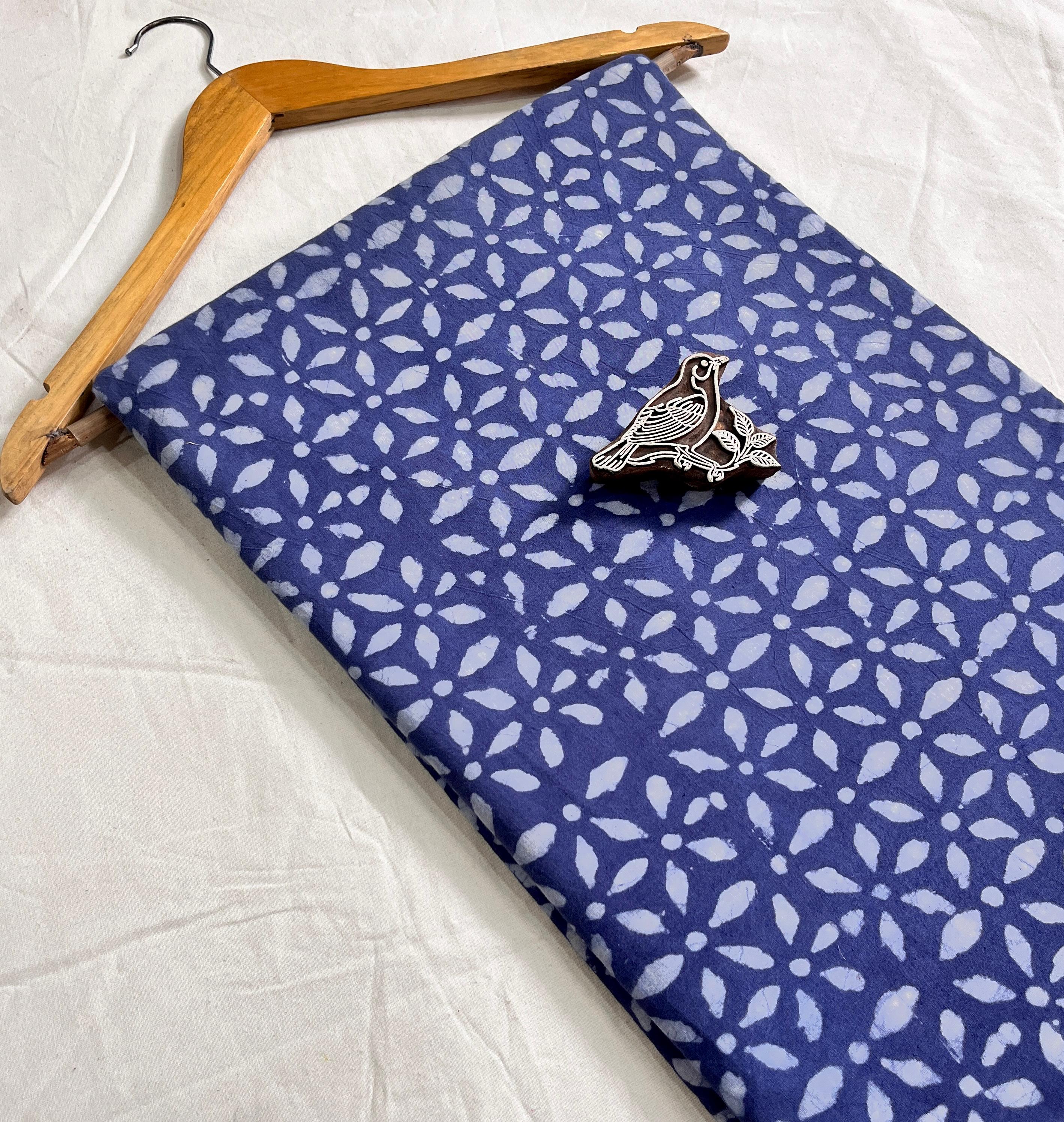 Blue floral jaal Dabu handblock printed pure cotton fabric, intricate handblock pattern for wholesale trade