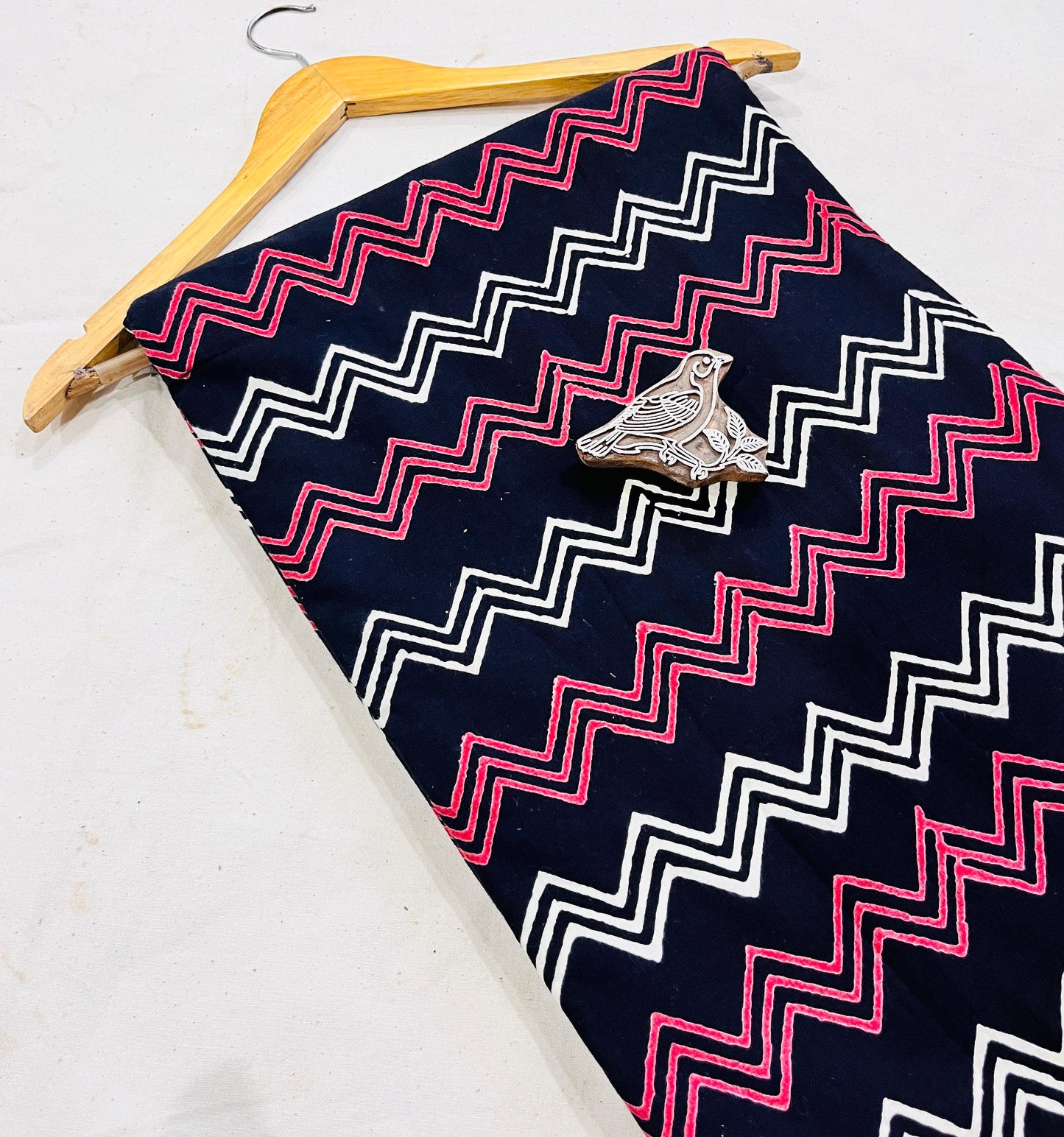 Blue maroon zig zag geometrical Dabu handblock printed cotton fabric, artisan wholesale textile