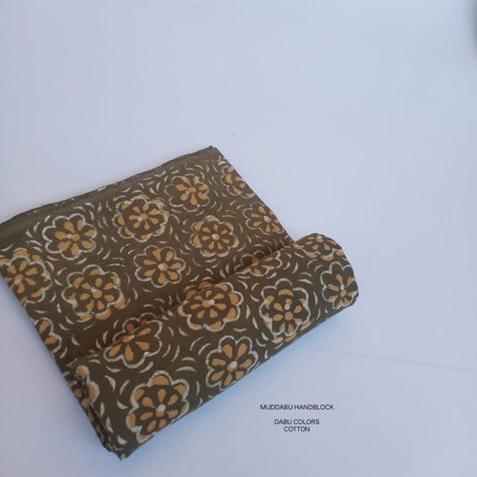 Brown floral jaal Dabu handblock cotton fabric in mud resist technique